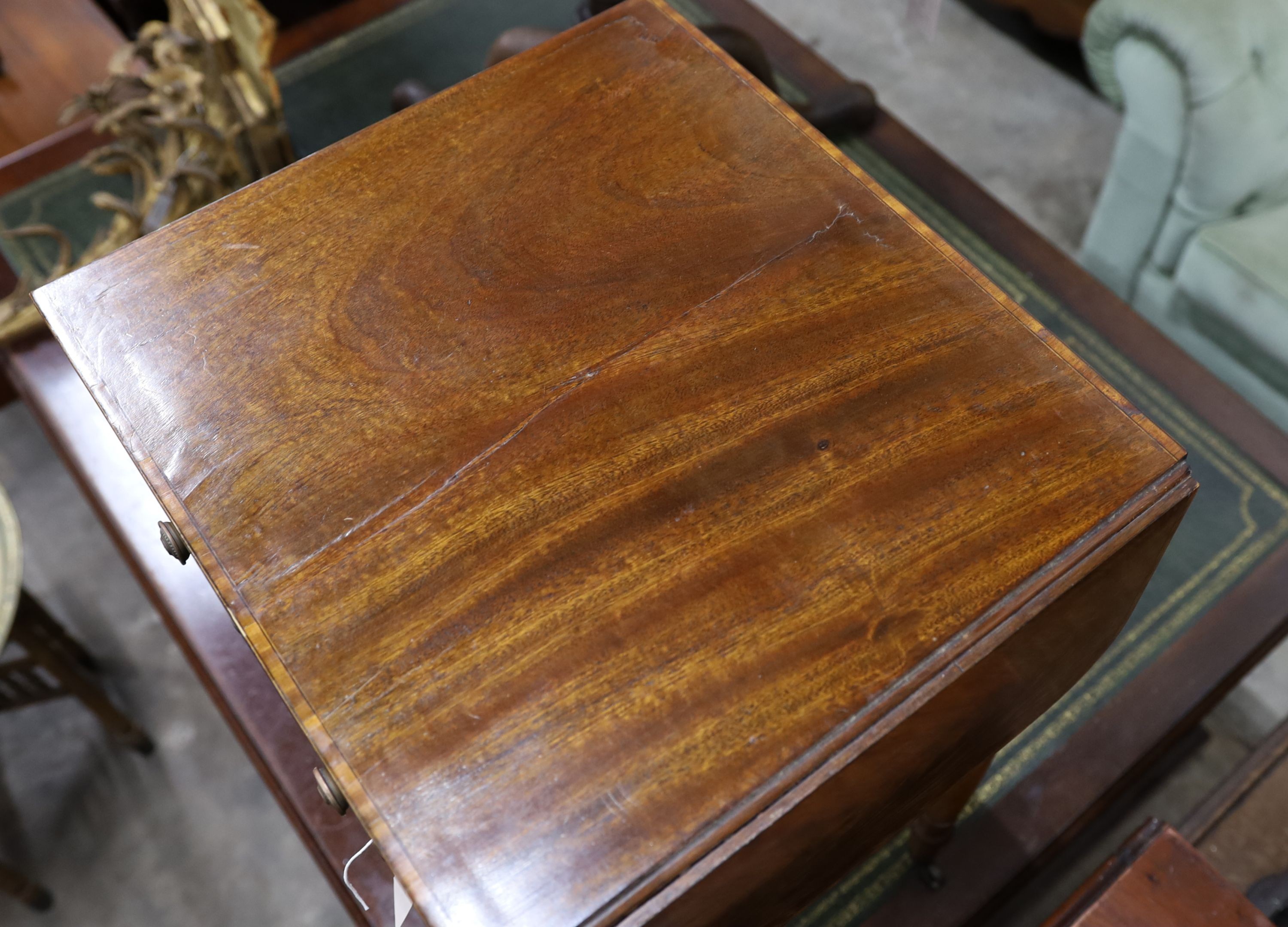 A Regency banded mahogany drop flap work table, width 47cm, depth 41cm, height 73cm